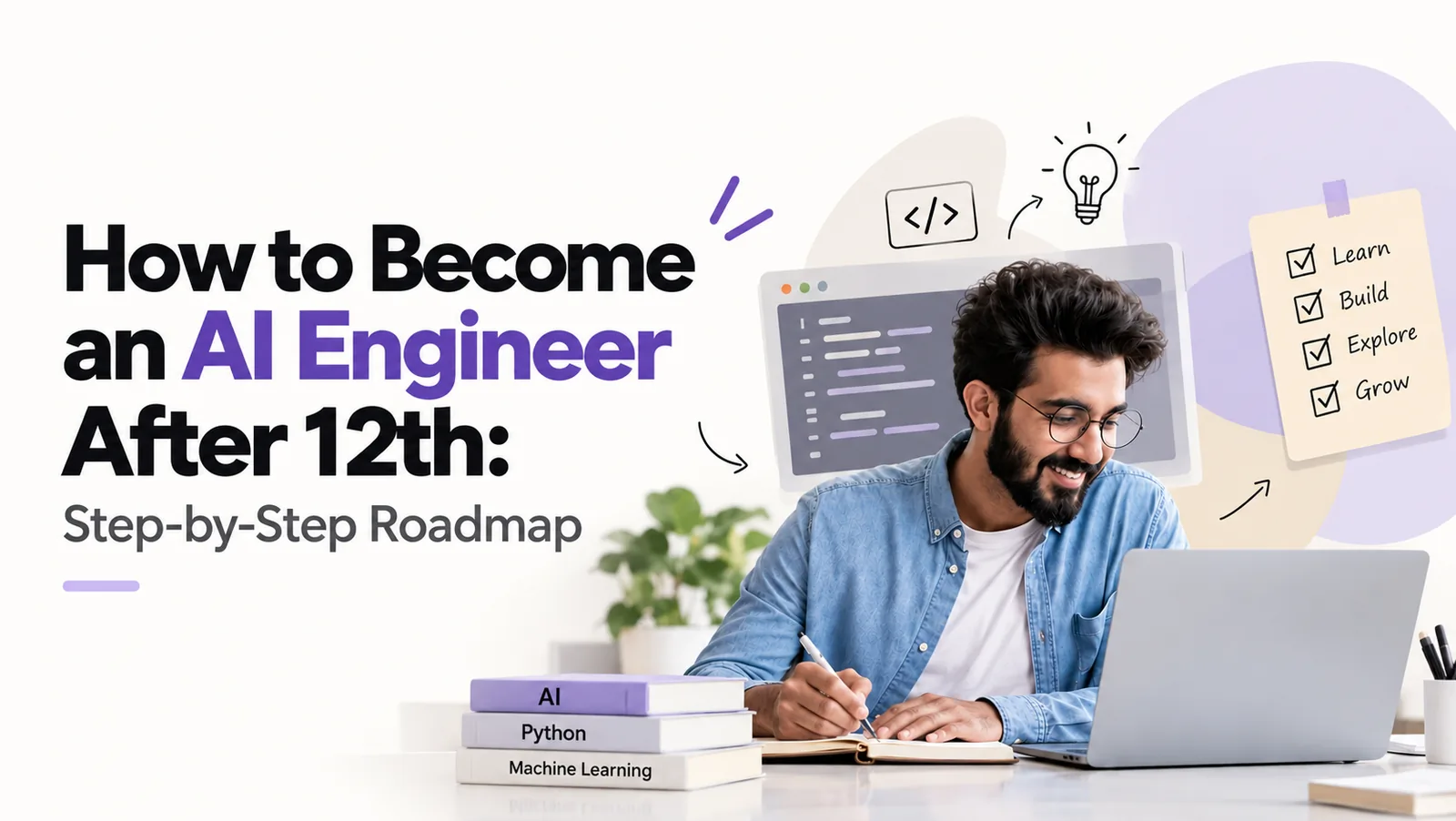 A student studying AI, Python, and machine learning at a laptop, beside a checklist to learn, build, explore, and grow as an AI engineer.